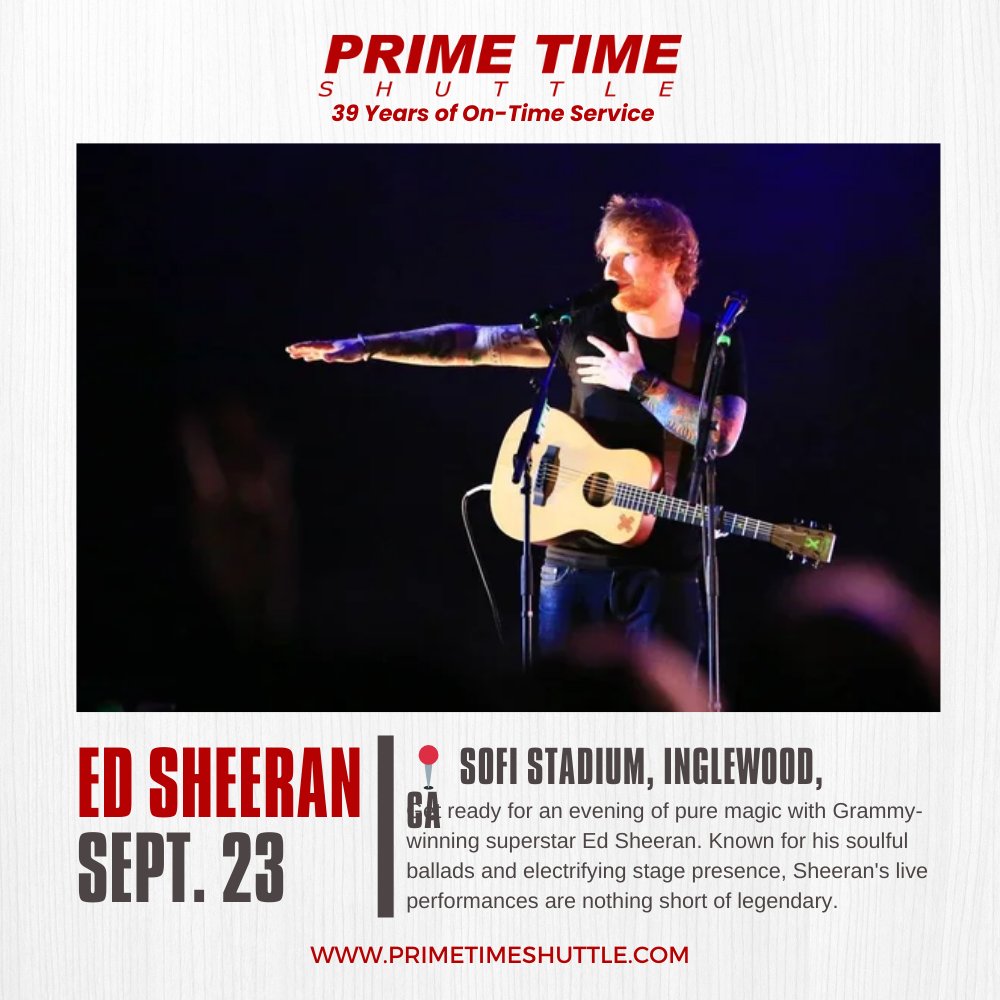 PTShuttle's tweet photo. 🚀 LA's September Jam is on fire with Ed Sheeran, Ohana Festival, Coldplay, and the Arctic Monkeys! Ride in style with Prime Time Shuttle and enjoy 20% off roundtrips. Let's make this September unforgettable! 🎤🎸 #LAConcerts #PrimeTimeShuttle #EdSheeran #OhanaFestival #Coldplay https://t.co/LXeHgQdoYA