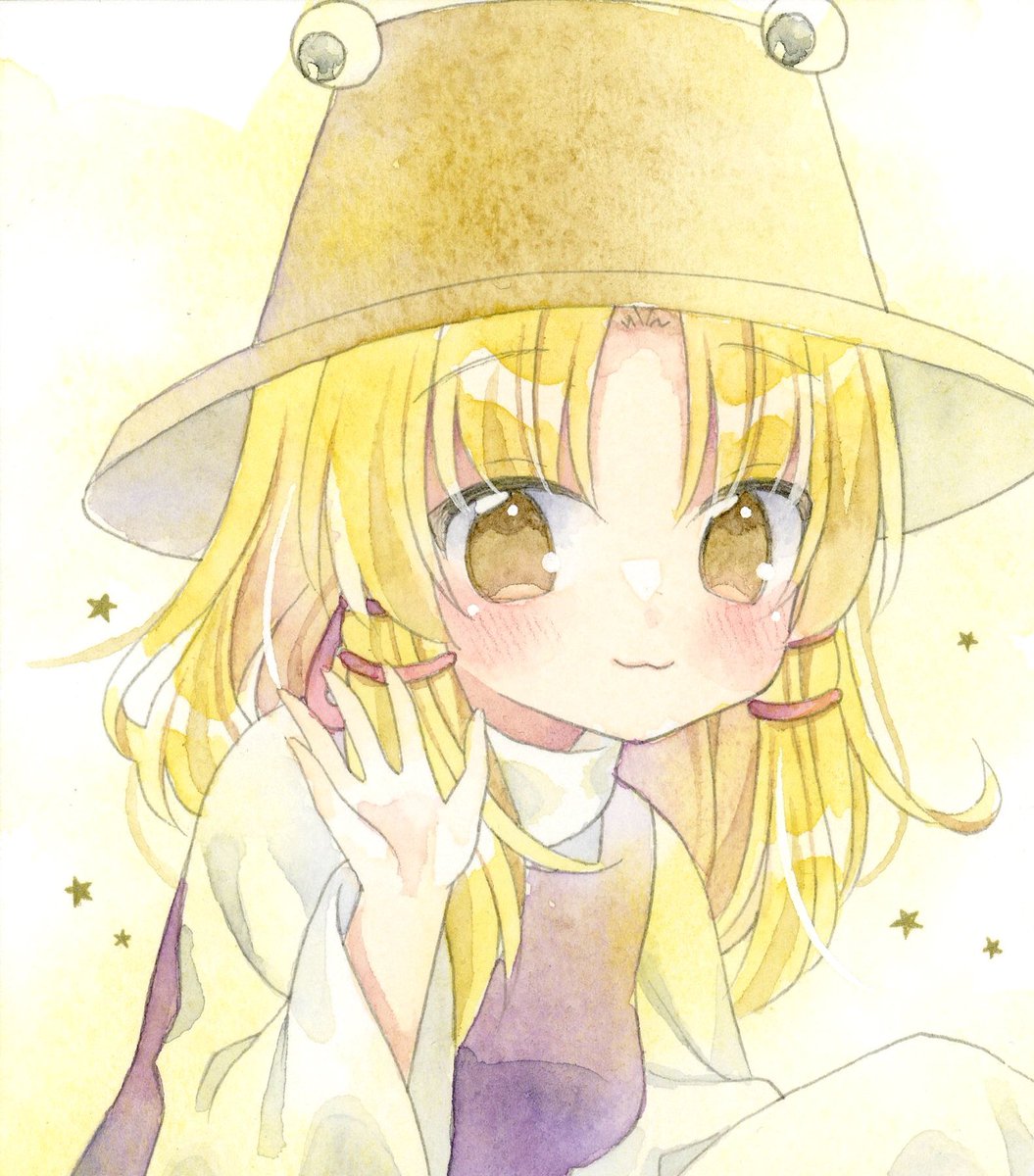 moriya suwako 1girl blonde hair solo hat traditional media yellow eyes brown headwear  illustration images