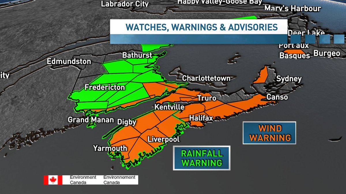 Here are the latest Watches &amp; Warnings from ECCC as of 9pm AT, including the Storm Surge Warning for the Atlantic Coastline.
Stay tuned for updates on the storm on Saturday on CBC Radio, News Network &amp; the CBC News App. 
weather.gc.ca/hurricane/stat…
#nsstorm #nbstorm
