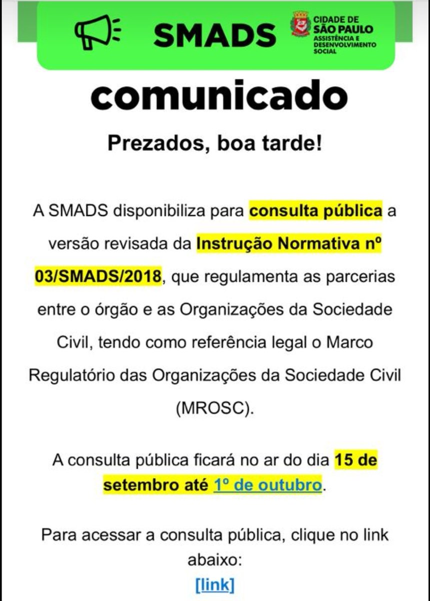 fassp's tweet photo. Prezados, boa tarde!
A SMADS disponibiliza para consulta pública a versão revisada da Instrução Normativa nº 03/SMADS/2018, que regulamenta as parcerias:
https://t.co/UuDEkK1c1c https://t.co/aEFjlk2XPG