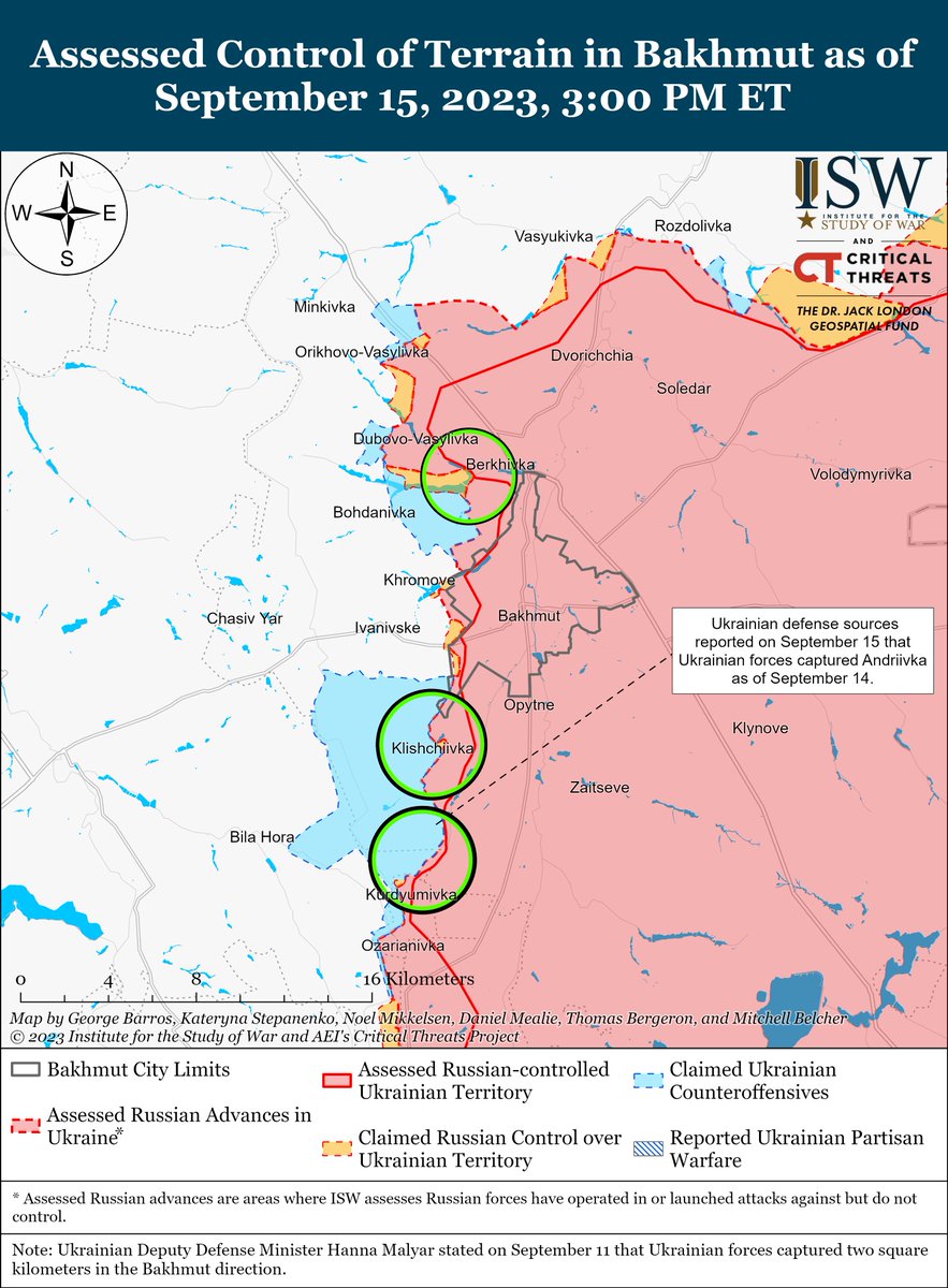 TheStudyofWar's tweet image. NEW: Ukrainian forces liberated #Andriivka in the #Bakhmut area on Sept. 14 &amp;amp; cont'd offensive operations near Bakhmut &amp;amp; in western #Zaporizhia Obl. on Sept. 15.

Ukraine conducted naval drone strikes on Russian ships in the Black Sea on Sept. 14. More ⬇️ isw.pub/UkrWar091523