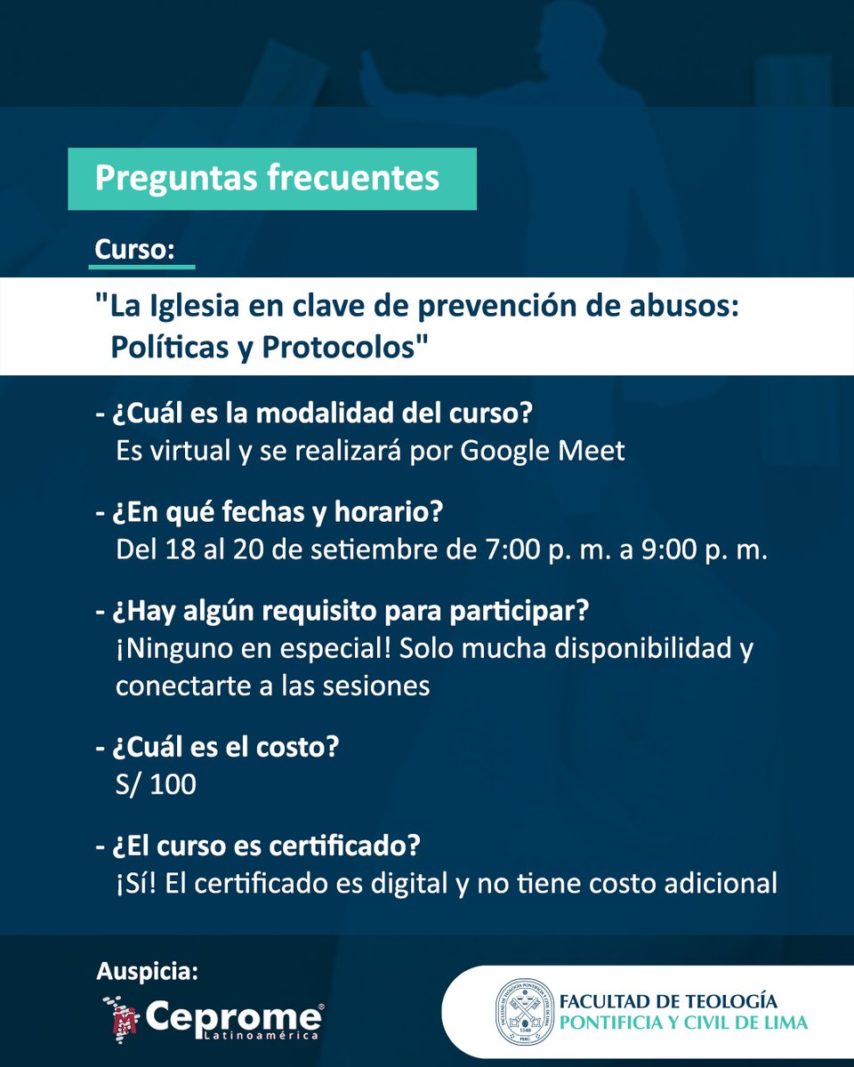 ftpcloficial's tweet photo. 🙋♂️ ¿Tienes preguntas sobre nuestro próximo curso de prevención de abusos? ¡Te compartimos algunas preguntas frecuentes! 👀
¡Iniciamos este lunes! Puedes inscribirte aquí: https://t.co/KUx6m52ypo
¡Te esperamos!
#FTPCL #FacultadDeTeología #CulturaDelBuenTrato #PrevenciónDeAbusos https://t.co/1u60F6wvT9