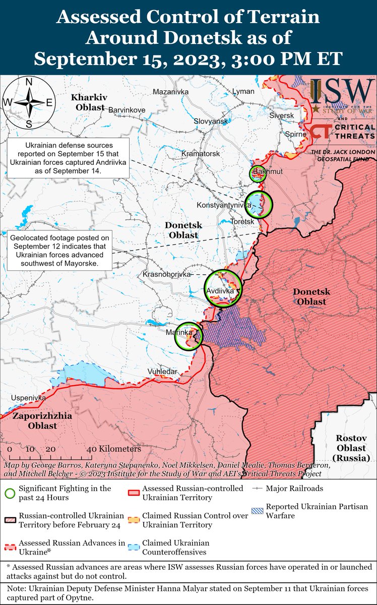TheStudyofWar's tweet image. NEW: Ukrainian forces liberated #Andriivka in the #Bakhmut area on Sept. 14 &amp;amp; cont'd offensive operations near Bakhmut &amp;amp; in western #Zaporizhia Obl. on Sept. 15.

Ukraine conducted naval drone strikes on Russian ships in the Black Sea on Sept. 14. More ⬇️ isw.pub/UkrWar091523