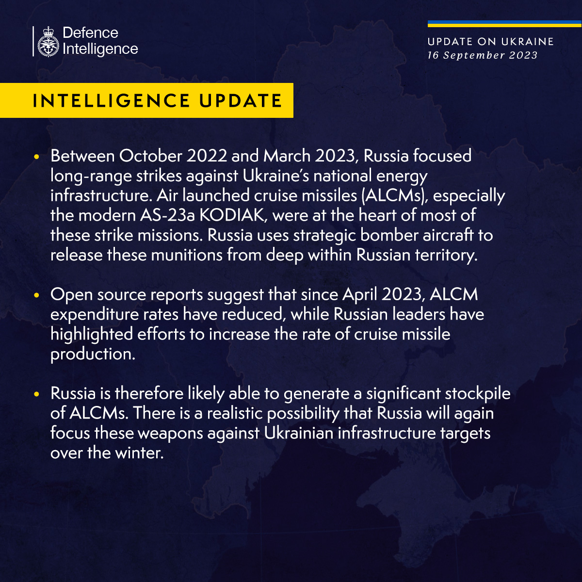 Latest Defence Intelligence update on the situation in Ukraine - 16 September 2023