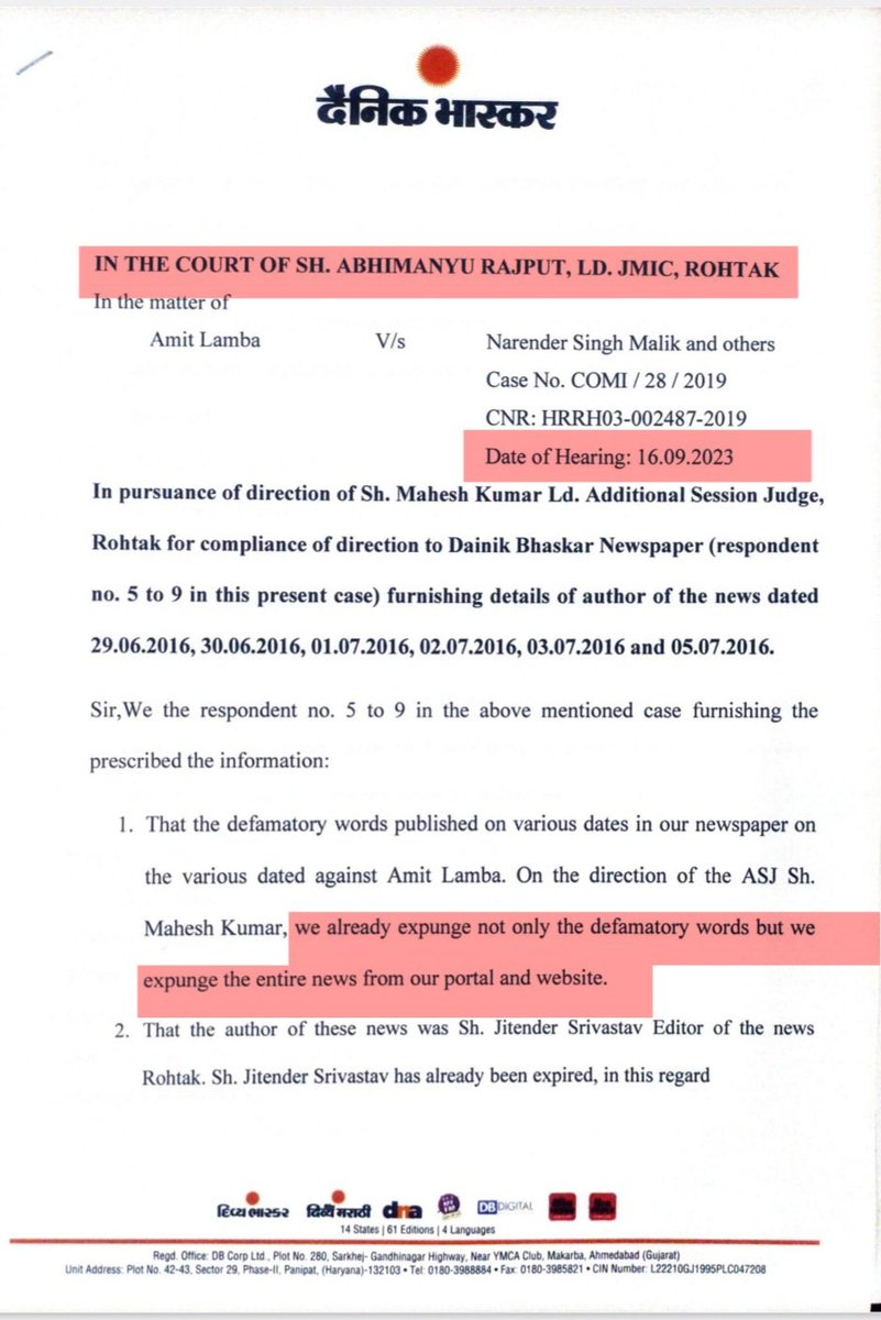 AmitLambaUAE's tweet photo. @DainikBhaskar tendered unconditional APOLOGY &amp; expunge the #defamatory #news published against @AmitLambaUAE
@JagranNews
@ANI
@timesofindia
@punjabkesari @AmarUjalaNews
@NavbharatTimes 
@gulf_news 
@the_hindu 
@mailandguardian 
@thetribunechd
@DainikTribune
#LatestNews
#Trending https://t.co/EbuJOx9ngC