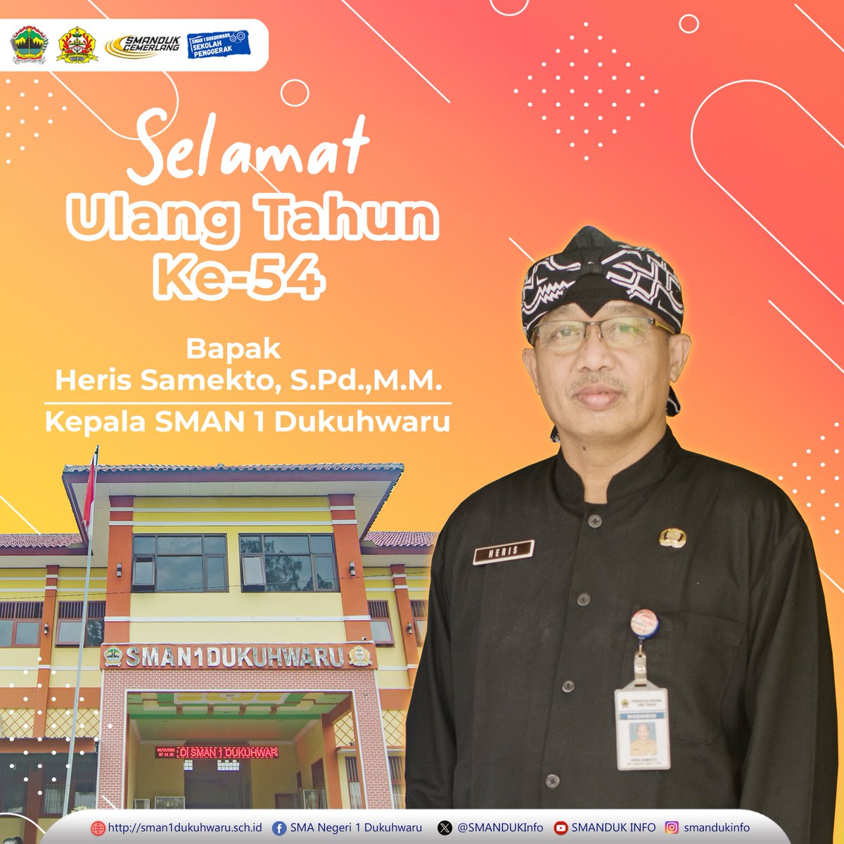 SMANDUKInfo's tweet photo. Selamat ulang tahun yang ke-54, Bapak Heris Samekto, S.Pd.M.M.

Di usia yang penuh dengan pengalaman dan kebijaksanaan ini, kami ingin mengucapkan terima kasih yang tulus atas dedikasi, kerja keras, dan komitmennya dalam membimbing kami di SMAN 1 Dukuhwaru.
#smandukcemerlang https://t.co/Zy7V44MhLf