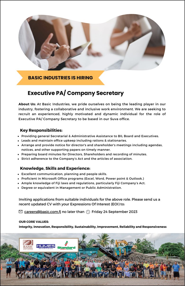 Urgently hiring an Executive PA/ Company Secretary.
Applications due 24th September 📷
#jobs #fiji #fijijobs #jobsearch #teamFiji