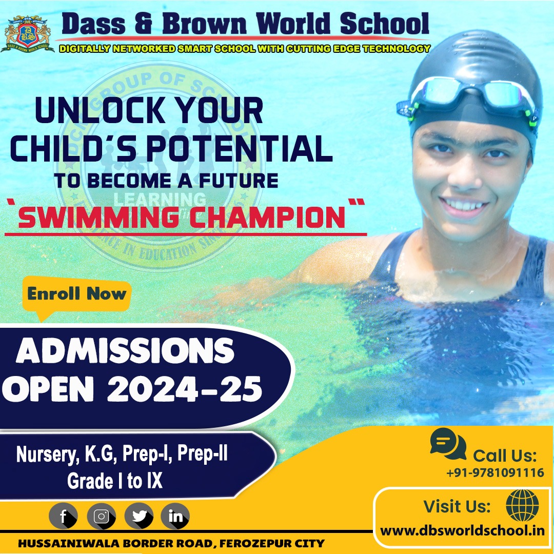 🌟🏊‍♀️ Join us at Dass and Brown World School for the 2024-25 academic session! Admissions open for Nursery to Grade IX. 🎓 Unlock your child's potential with world-class swimming facilities and top-notch education. Limited seats available!!📚🏅 #AdmissionsOpen #SwimmingChampion