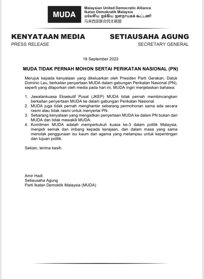 amirxabdhadi's tweet photo. Kenyataan Media
16 Sept 2023

MUDA TIDAK PERNAH MOHON SERTAI PERIKATAN NASIONAL https://t.co/O7a6cAKLyF