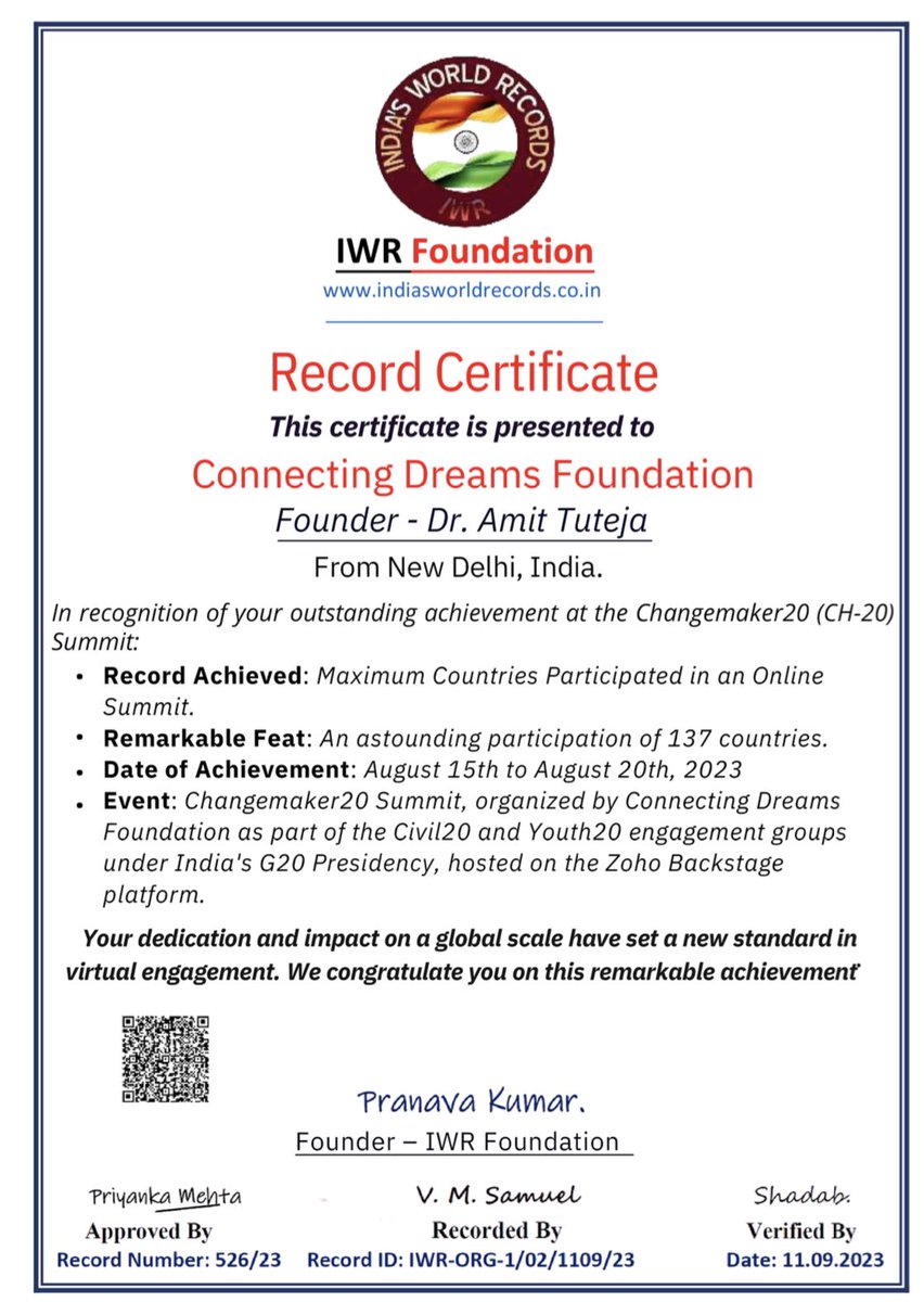 CDF_India's tweet photo. The #Changemaker20 Summit has just SMASHED three world records! What an overwhelming testament to the POWER of collective action and the UNSTOPPABLE force of global changemakers! 

HUGE gratitude to each and every one of you who made this historic event possible. @UNinIndia @UN https://t.co/VBKn4FIJ4Y