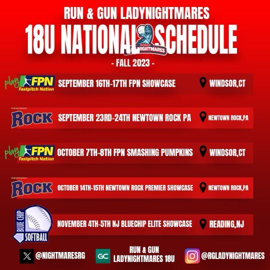The fall season starts up tomorrow!! So so excited 😁 <a href="/NightmaresRG/">RG Lady Nightmares</a> <a href="/NightmaresNew/">New York Lady Nightmares</a> <a href="/ExtraInningSB/">EXTRA INNING SOFTBALL</a> <a href="/LegacyLegendsS1/">Legacy & Legends Softball</a> <a href="/CoastRecruits/">Coast 2 Coast Recruits</a> <a href="/ImpactRetweets/">Impact Promotions</a> <a href="/SeymourBall/">Seymour Softball</a> <a href="/IHartFastpitch/">I❤️Fastpitch</a>