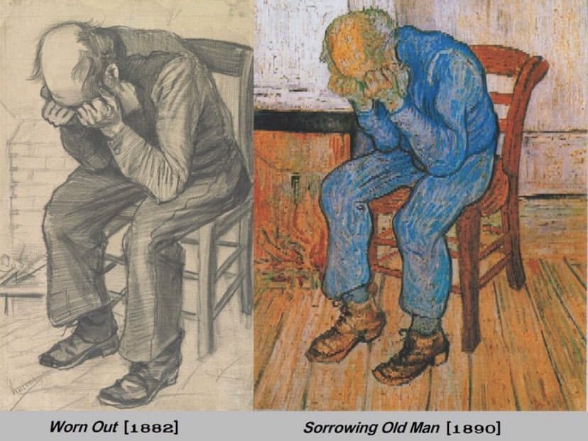 Draw_Learning's tweet image. نرى في العمل رجلاً عجوزاً يبكي ويظهر عليه الضغط النفسي والحزن ويبدو وكانه غير قادر على تحمل المزيد ويحاول الاختباء او اخفاء وجهه بقبضتيه وكانه يختبئ من العالم او يخفي مشاعره المحزن ان رسم العمل ماهو الا انعكاس لحياة ومعاناة فان جوخ حيث انه قام باعاده رسمها قبل وفاته بشهرين !