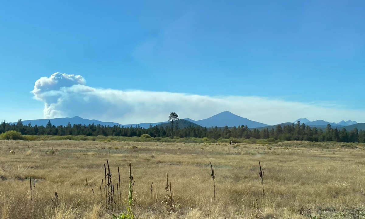 phyde's tweet photo. @WhidbeyWXGuy Huge plume down here in Oregon today.  The large mountain is Mt Bachelor.  #PetesLakeFire https://t.co/YYSfmRl7O0