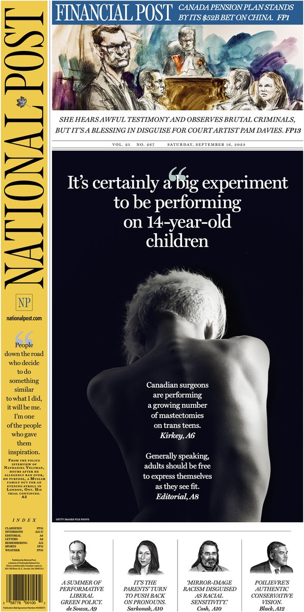 nationalpost's tweet photo. The Post's #frontpage for Saturday, September 16, 2023. https://t.co/ugvnbj7suX