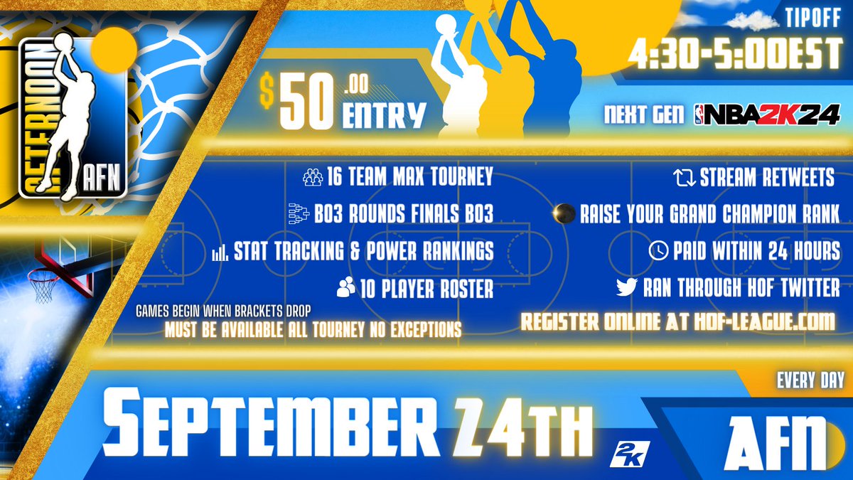HOFLeague2K's tweet photo. 🏆Afternoon Tournament registration is live! 

🚨 Sign-ups are due by 4:30 PM EST

☀ Brackets drop at 4:30-5:00 PM EST 

🔘 Every round is a BO3 through finals

▶️ Register Now: https://t.co/Y5bFbNKzMB

@DangerrFT @youFamousEnough @Big_Brudda_PURP @DirtyGraphics #AFN https://t.co/hvt9MIOqD1