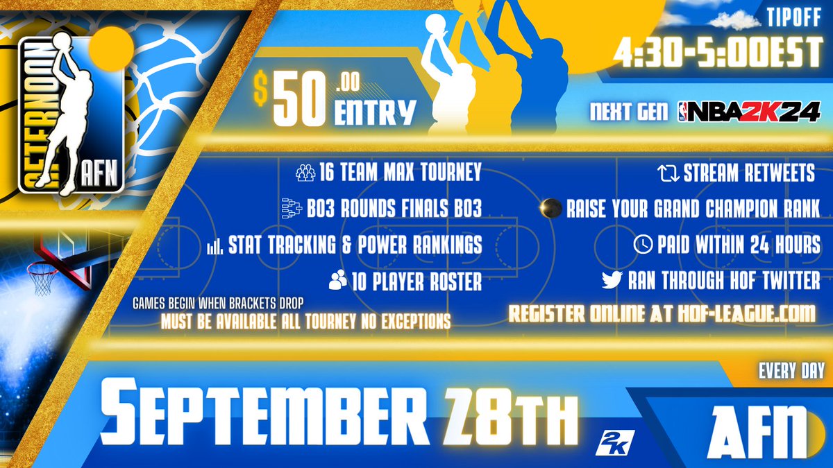 HOF League (@hofleague2k) on Twitter photo 🏆Afternoon Tournament registration is live!
🚨 Sign-ups are due by 4:30 PM EST
☀ Brackets drop at 4:30-5:00 PM EST
🔘 Every round is a BO3 through finals
▶️ Register Now: hof-league.com/register-afn/
<a href="/DangerrFT/">Over-Night Danger 💫</a> <a href="/youFamousEnough/">2KL</a> <a href="/Big_Brudda_PURP/">Coach Purp</a> <a href="/DirtyGraphics/">DirtyGraphics</a> #AFN 🏆Afternoon Tournament registration is live!
🚨 Sign-ups are due by 4:30 PM EST
☀ Brackets drop at 4:30-5:00 PM EST
🔘 Every round is a BO3 through finals
▶️ Register Now: hof-league.com/register-afn/
<a href="/DangerrFT/">Over-Night Danger 💫</a> <a href="/youFamousEnough/">2KL</a> <a href="/Big_Brudda_PURP/">Coach Purp</a> <a href="/DirtyGraphics/">DirtyGraphics</a> #AFN