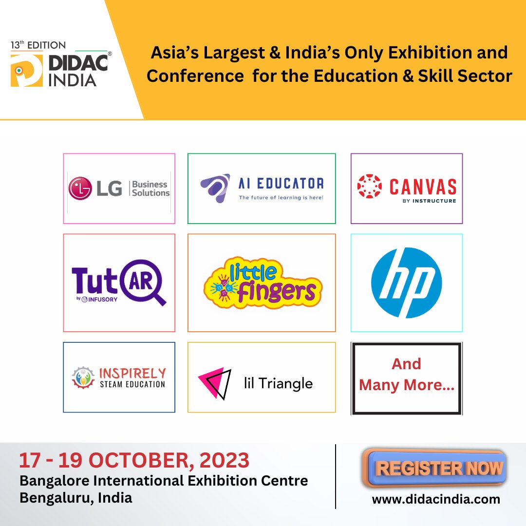 Get an opportunity to meet the genius minds behind 5000+ solutions & products to be showcasing at #DidacIndia2023 Date: 17-19 Oct, 2023 Venue: Bangalore International Exhibition Centre, Bengaluru. #didac #didacindia #indiadidac #learningcontinues #unitingforeducation #ida