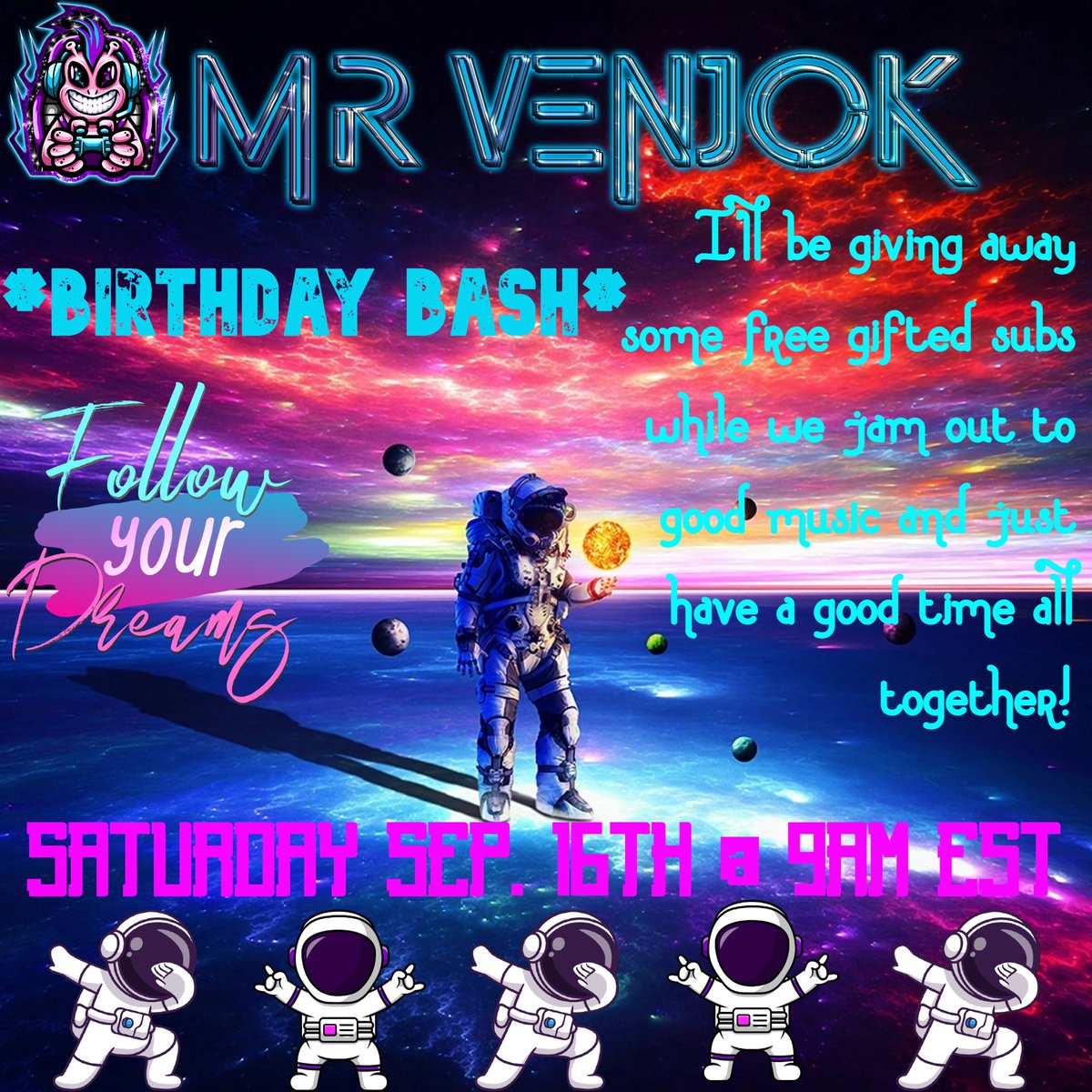 Venjok_Gaming's tweet photo. Come join me tomorrow @ 9am est n help celebrate my 33rd Birthday Well be jammin out to music, chattin it up and ill be giftin some subs out to some of yall wonderful peepz @TheRockDiscord @The__NewF @40Fam2022 @40yroldbot @SkeezOmatic @smackthatashh_ @ItsLethalTTV https://t.co/ujk4lZia2V