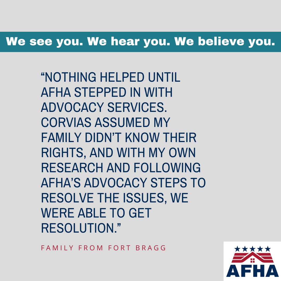 The voices of our families matter. Through our method of empowerment advocacy, we teach residents of MHPI housing how to access their rights and advocate for themselves. Check out more testimonials on our website at afhousingadvocates.org/family-stories/

#afha #milso #advocate #militaryhousing