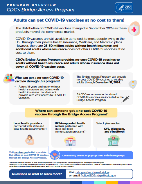 _SteveScholz_'s tweet image. The CDC’s Bridge Access Program provides no-cost COVID-19 vaccines for adults without insurance or whose insurance doesn't cover the vaccines. Visit cdc.gov/vaccines/progr… for more information.  #GetProtected #GetBoosted