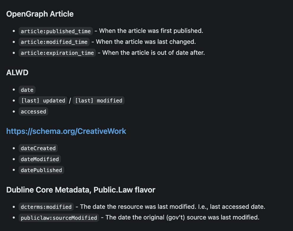 robert_shecter's tweet image. I'm rethinking my model for dates when re-publishing open content. Comparing OpenGraph, ALWD, Schema.org and Dublin Core. In addition to these, there are the platform-specific dates for each database record, `updated_at` and `created_at`.
#LegalTech #OpenData