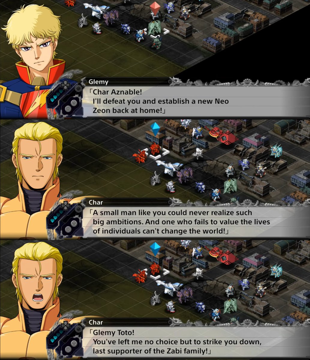 180223's tweet photo. Char Aznable (CCA) calls Glemy Toto (ZZ Gundam) a small man.

SRW X - https://t.co/JF4Lv2BQUB https://t.co/i3Lbr4C1Vk