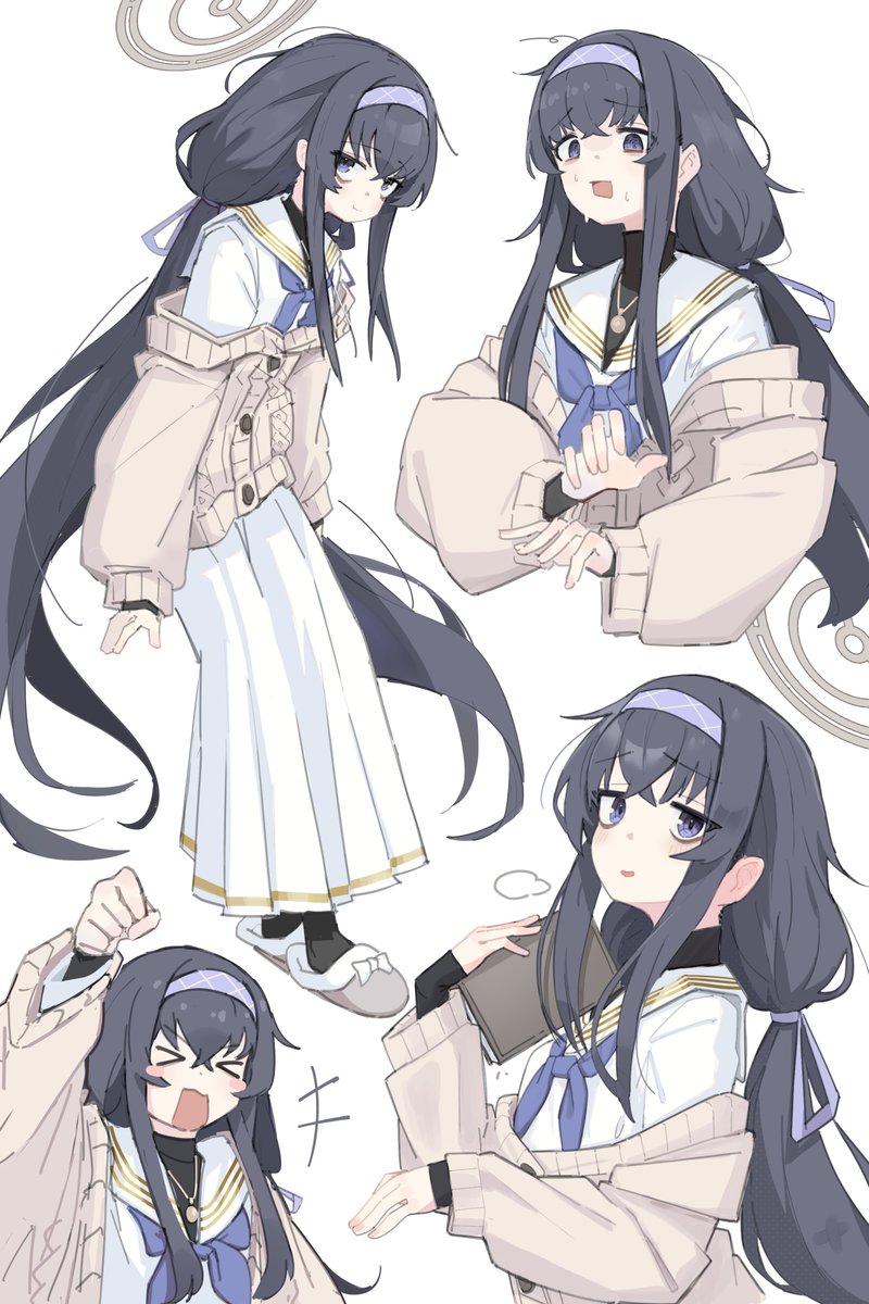 ui (blue archive) 1girl long hair skirt multiple views black hair hairband halo  illustration images