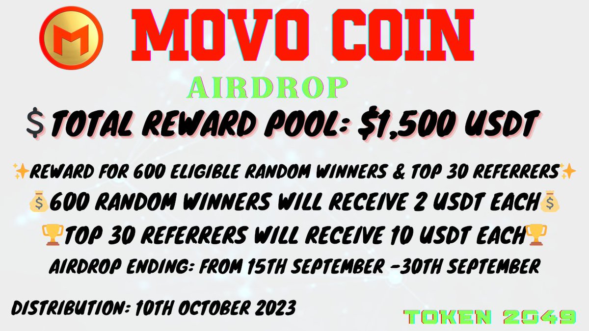 Movo Foundation $1,500 USDT Exclusive Airdrop Campaign

🗓Ending: From 15th September -30th September

🗓Distribution: 10th October

🏆 Rewards 🏆 

💲Total Reward Pool: $1,500 USDT

✨Reward for 600 Eligible Random Winners &amp; Top 30 Referrers✨

💰600 Random winners will receive