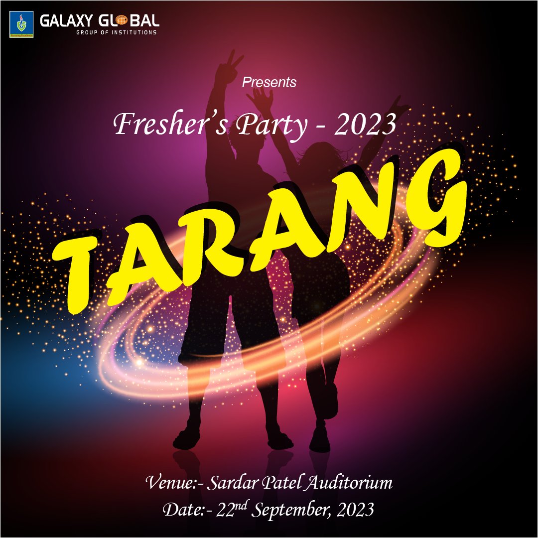 'Fresher's Party is the Beginning of the New Era.'

Are you Ready?

Tarang 2023 is coming soon.

Most Awaiting event of the year Tarang, Fresher's Party-2023 on 22nd September, 2023.

#tarang2023 #freshersParty #welcome #newStudents #gggi