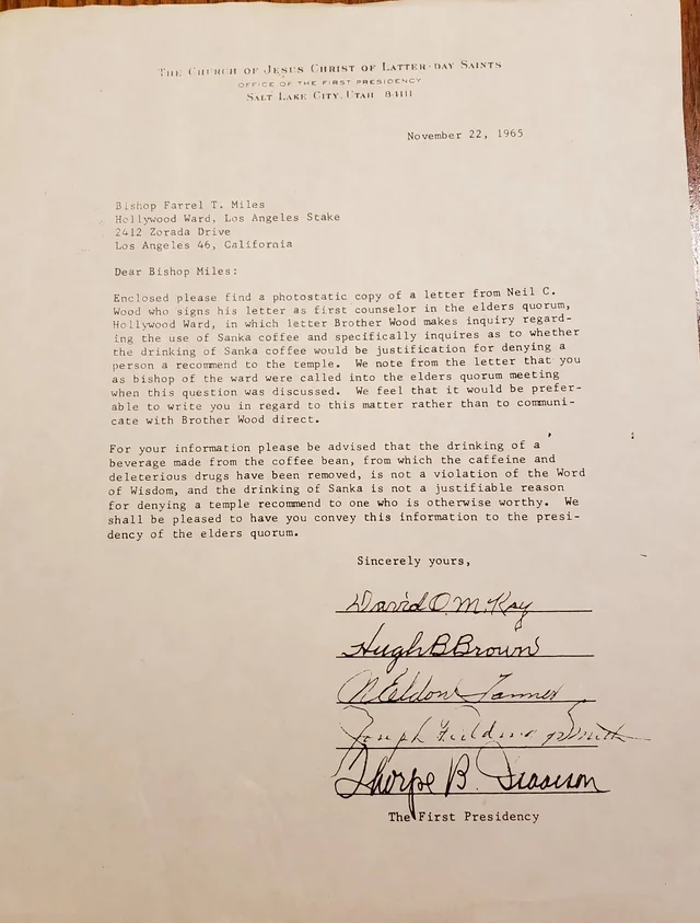 LostRobotMusic2's tweet photo. @SallyGirl Here's a signed letter from the First Presidency stating that decaf is not a violation of the Word of Wisdom: https://t.co/byG1ysxM28