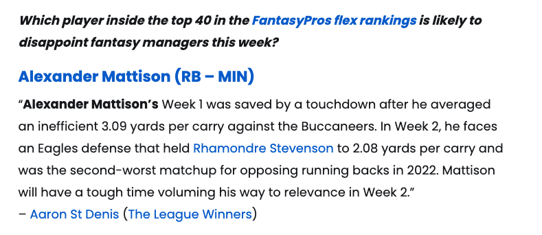 FantasyProsNFL's tweet photo. Our featured experts were all over Alexander Mattison being a dud to sit in Week 2 😬 https://t.co/zysugkiU6W