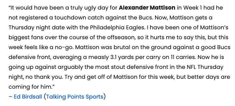 FantasyProsNFL's tweet photo. Our featured experts were all over Alexander Mattison being a dud to sit in Week 2 😬 https://t.co/zysugkiU6W