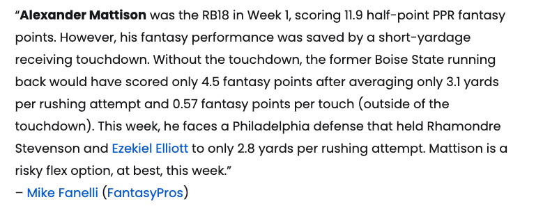 FantasyProsNFL's tweet photo. Our featured experts were all over Alexander Mattison being a dud to sit in Week 2 😬 https://t.co/zysugkiU6W