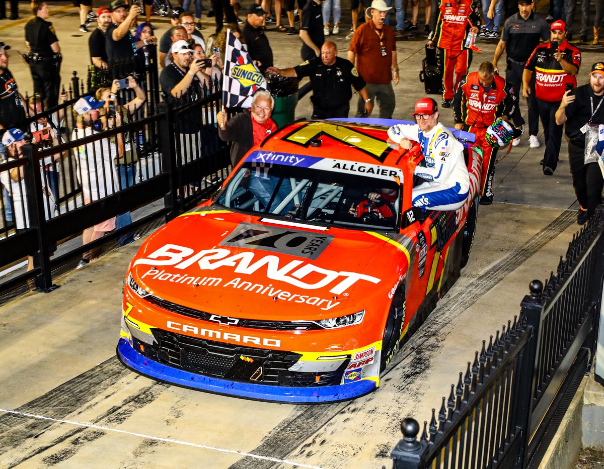 A late-race fire may have ended @DaleJr's shot at a win in Friday night's @NASCAR_Xfinity #FoodCity300, but that didn't keep him out of victory lane! Earnhardt snagged a ride to victory lane on @J_Allgaier's No. 7 @JRMotorsports machine. 📸 @JonMcCoyPhoto / @RacingAmerica