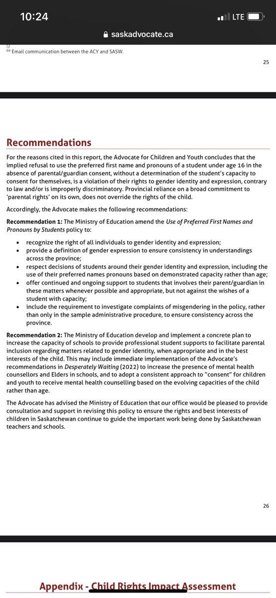 Saskatchewan Advocate for Children and Youth issues a report in the recent “out kids to parents” policy.

It recommends parents *not* be informed if it is against the wishes of the child.

#TransRightsAreHumanRights
#ChildrenHaveRightsToo