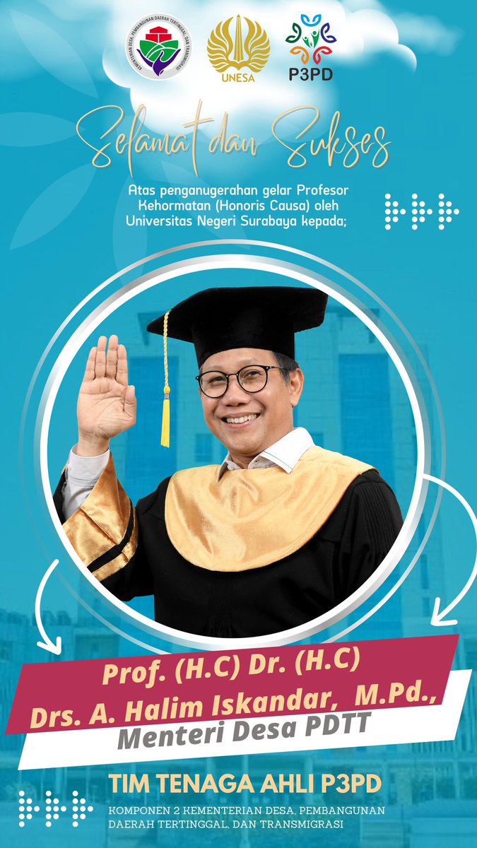 Edriglory007's tweet photo. Selamat atas penganugerahan Gelar Profesor kepada Menteri Desa PDTT oleh Universitas Negeri Surabaya.
#GusProf
@jokowi 
@halimiskandarnu
@Kemendespdtt
@malik_haramain
@imansyukri
@taufikmadjid71
@yusradaridesa 
@azzameldzikrie 
@yasmaun3 https://t.co/fQ7Ey715cI