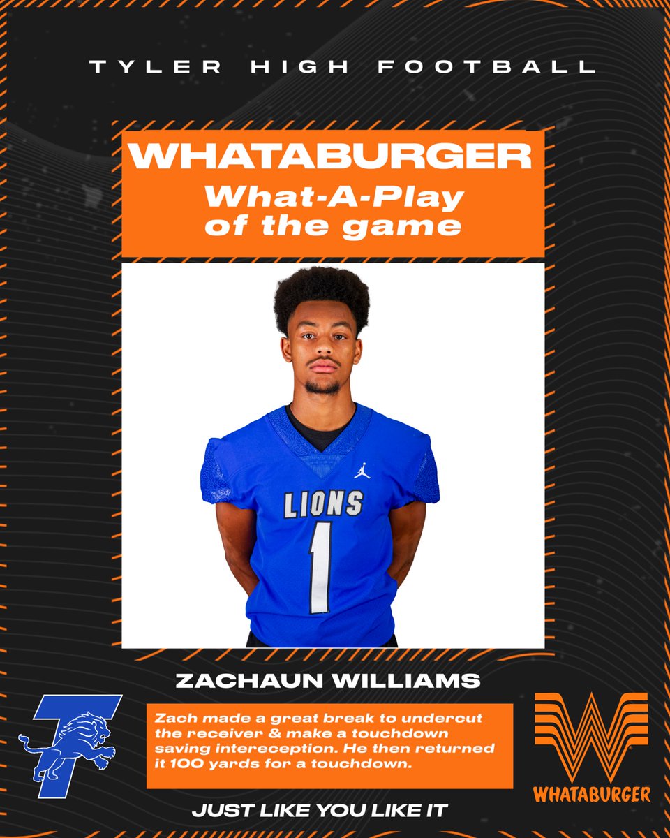 TylerLionsFB's tweet photo. Zachaun Williams with the Whataburger What-A-Play of the game. 100 yard interception return for a touchdown. #JustLikeYouLikeIt https://t.co/trEmWMQhsW