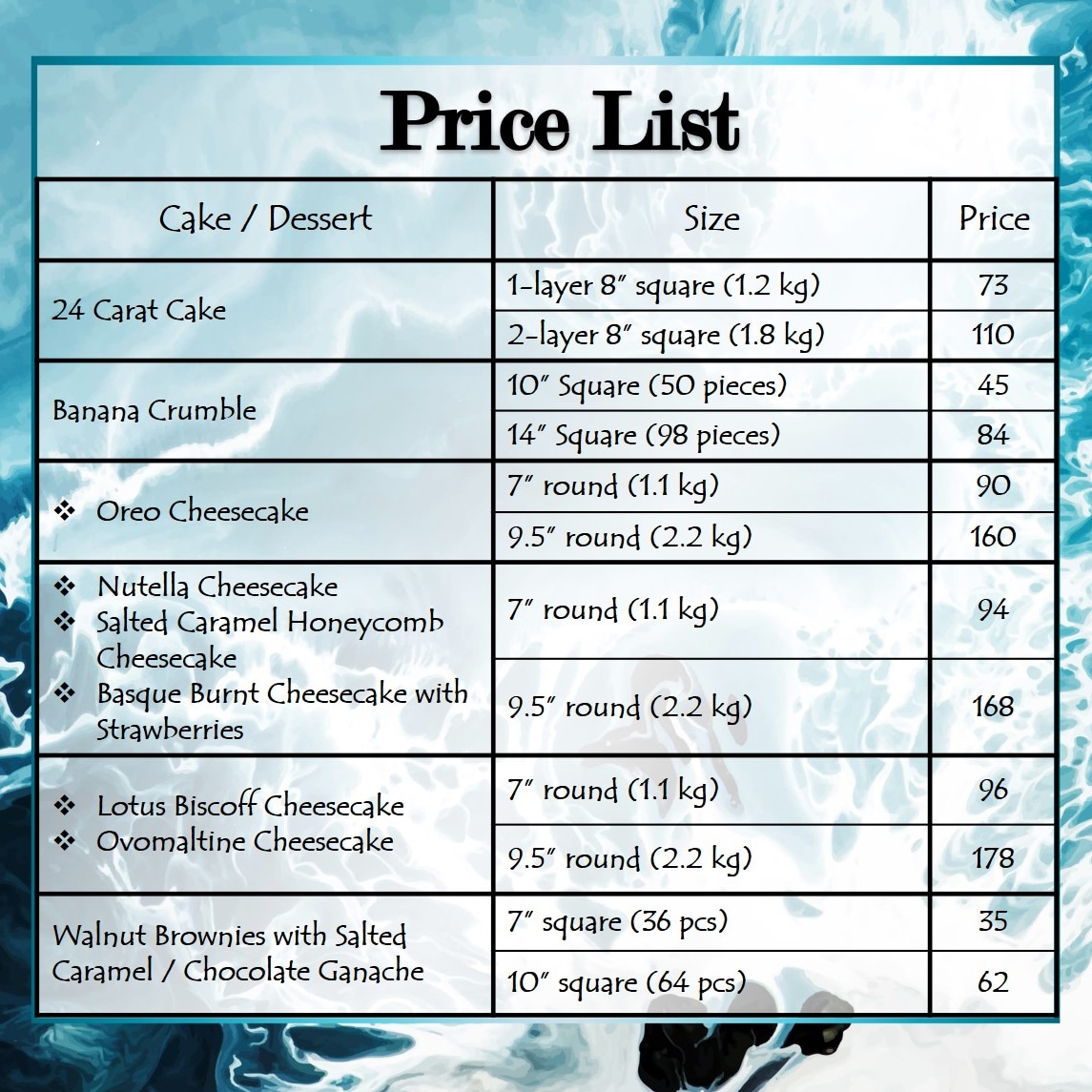 BangBeyls's tweet photo. Updated Price List effective September 2023:

Thank you to all customers who have been supporting over the years and I look forward to your continued patronage. 

Whatsapp now at 0132825188 to order your cakes/desserts today!

#bangbeyls #everybiteisfreshfromtheheart https://t.co/nllY7baA7J