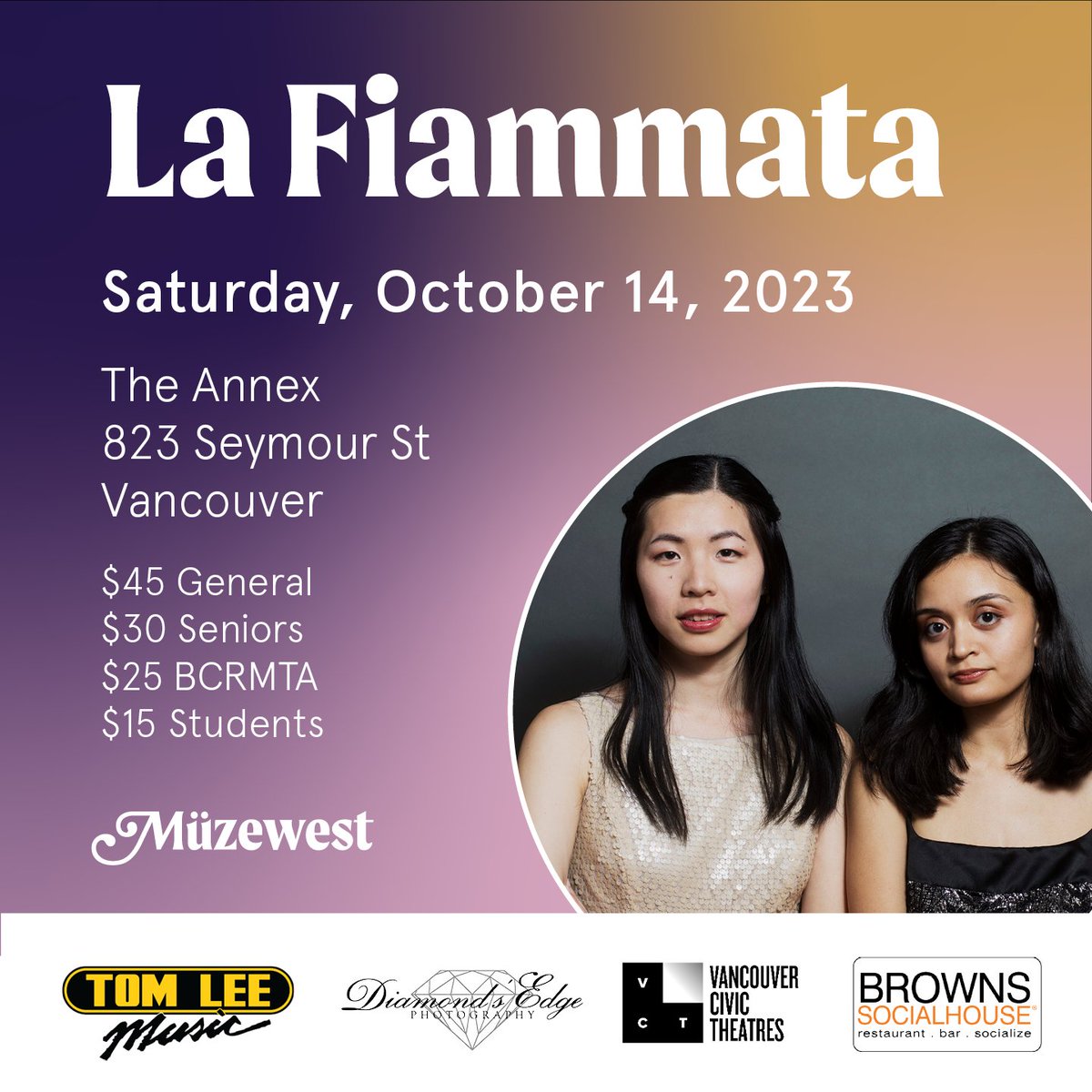 In one month, we will officially begin our 10th anniversary season! We look forward to welcoming Linda Ruan and Charissa Vandikas of La Fiammata Piano Duo on Sat. Oct. 14 as part of @PrairieDebut. Tickets are here: eventbrite.ca/e/670536752477…