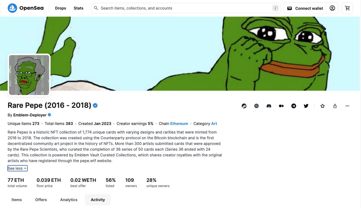 mikeinspace's tweet photo. Despite historical significance, I don't feel Rare Pepe got its due during the last NFT run. There's a number of potential reasons why, but I think a big one is that XCP assets always felt like 2nd-class citizens on Open Sea. @EmblemVault doing a great job of rectifying that. https://t.co/CK5asBy38L