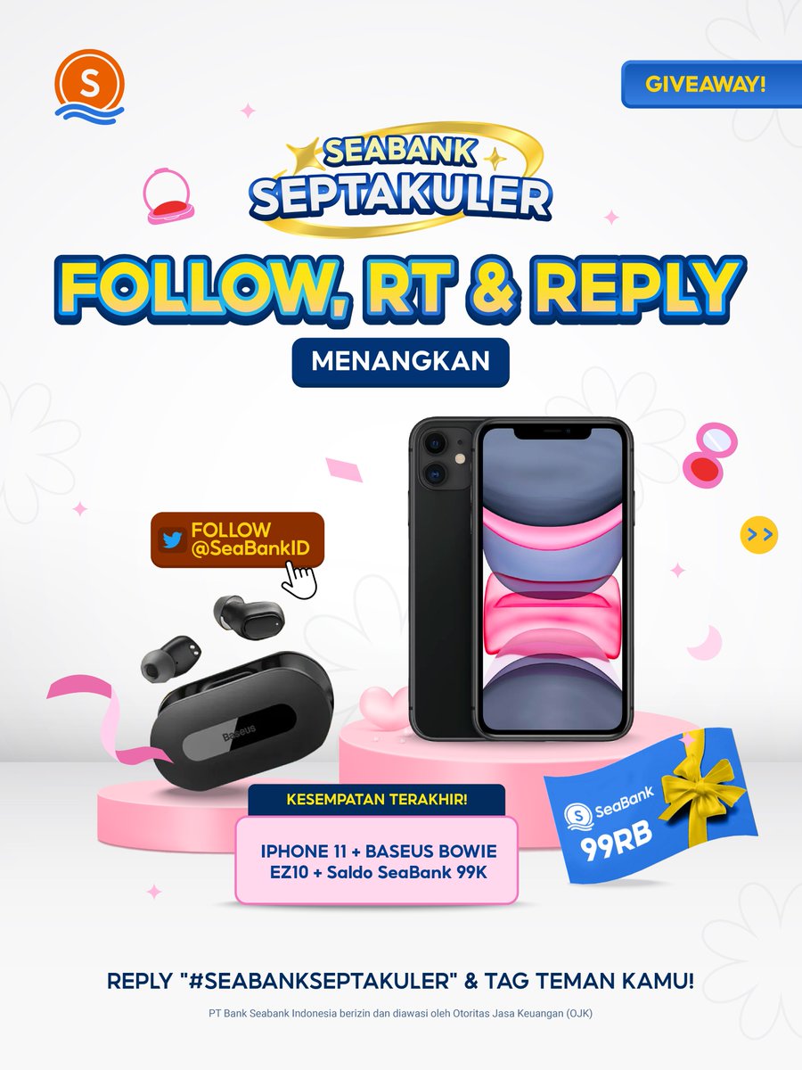 SeaBankID's tweet photo. 💫FOLLOW, RT, REPLY &amp; MENANGKAN BUNDLE IPHONE 💫
GRAND PRIZE GIVEAWAY #SEABANKSEPTAKULER!!

Yuk cek S&amp;K berikut:
1. FOLLOW Twitter @SeaBankID
2. RT &amp; REPLY "#SEABANKSEPTAKULER"
3. TAG TEMAN KAMU!

Kesempatan terbatas, yuk ikuti kuisnya sekarang!✨ https://t.co/sL5s8AWKWl