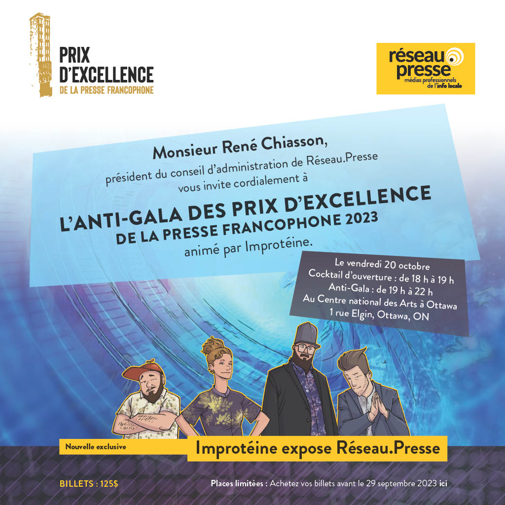 Réseau.Presse (@reseau_presse) on Twitter photo L'Anti-Gala des Prix d’excellence de la presse francophone fait son grand retour sous le thème « <a href="/Improteine/">Improteine</a> expose Réseau.Presse » ! ✨🏆
Achetez vos billets avant le 29 septembre 2023 ici 👉 tinyurl.com/5n7ey7r6
#Prixdexcellence #Francophonie #Canada #Improteine L'Anti-Gala des Prix d’excellence de la presse francophone fait son grand retour sous le thème « <a href="/Improteine/">Improteine</a> expose Réseau.Presse » ! ✨🏆
Achetez vos billets avant le 29 septembre 2023 ici 👉 tinyurl.com/5n7ey7r6
#Prixdexcellence #Francophonie #Canada #Improteine