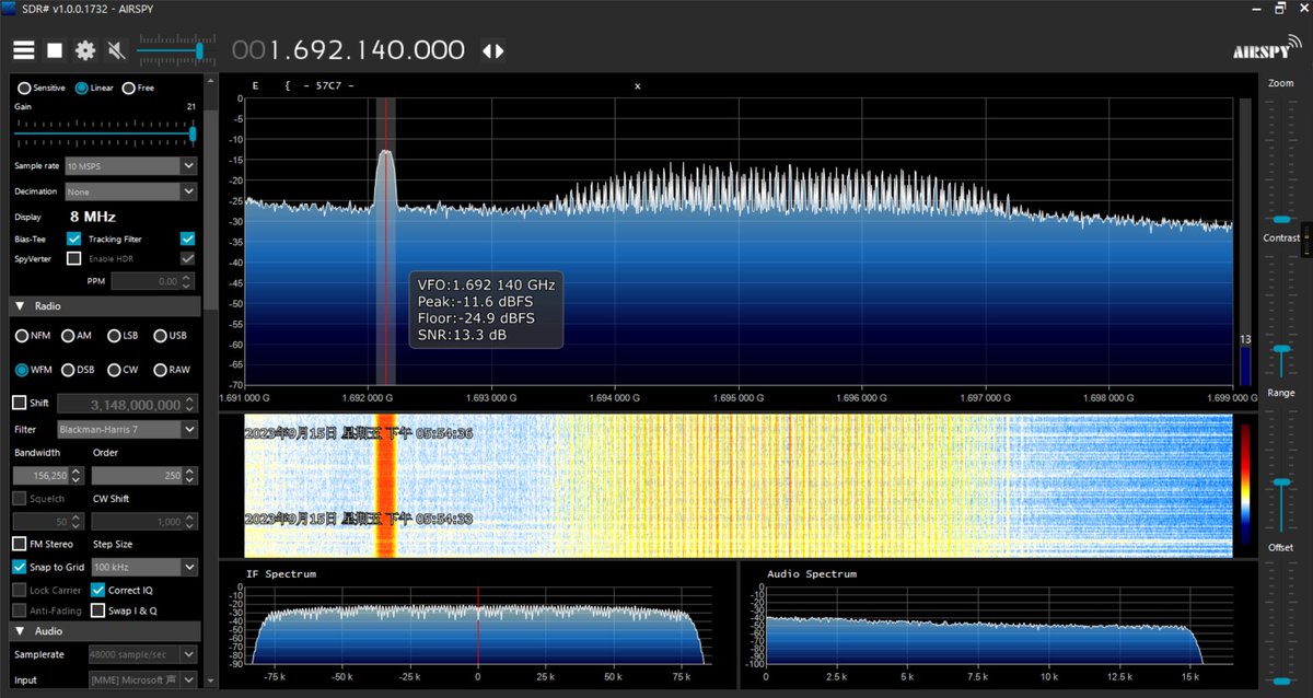 tcjj3's tweet photo. Mounted the Feed of Grid Antenna's to my 1.5m dish for testing GK-2A's signals, they were pretty strong. The HRIT signal is more visibly (there has datas transmition in 1st pic and no transmition in 2nd), but still can't decode, maybe I should adjust it for more stronger signals. https://t.co/tH5KpiwQgz
