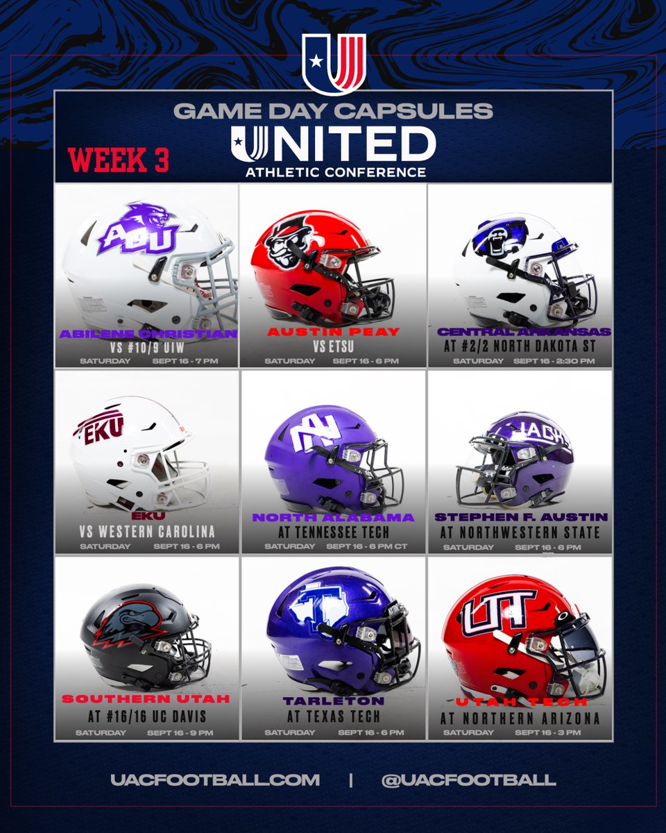 GAME DAY‼️

Here's a 👀 at ALL the #UACFootball🏈 games for today including 3⃣ contests 🆚 Ranked Opponents 💪

📰 | uacfootball.com/news/2023/9/15…
🗓️ | uacfootball.com/calendar.aspx
