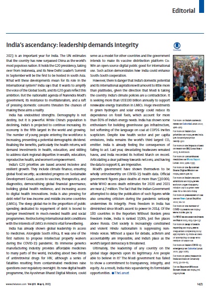 My letter in <a href="/TheLancet/">The Lancet</a> in response to the editorial - India’s ascendancy: leadership demands integrity  
Don't dismiss India's global contributions due to political perceptions  
Modi government dutybound to prioritize its citizens' welfare
<a href="/narendramodi/">Narendra Modi</a>
thelancet.com/journals/lance…