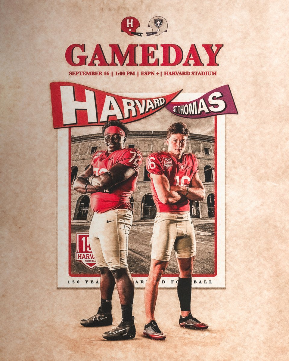 HarvardFootball's tweet image. SEASON OPENER. 🙌

🏈, it's good to have you back‼️

🆚 St. Thomas
⏰ 1:00 PM
🏟️ Harvard Stadium
📺 ESPN+
📻 WRCA 1130 AM, 106.1 FM
🎟️ bit.ly/3rce4gz

#GoCrimson #OneCrimson