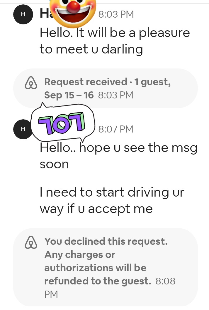 TiasaurusWrecks's tweet photo. Adventures of an Airbnb host....Ugh.

#RequestDenied https://t.co/0W7IvkW0iR
