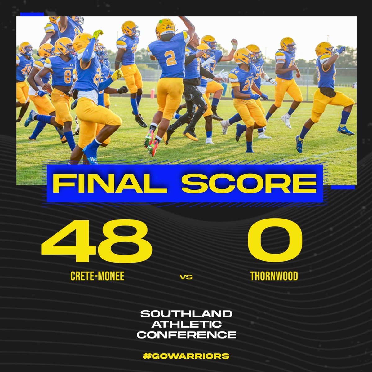 CM201UAthletics's tweet photo. Congratulations to @CreteMoneeFB as they picked up their second win of the season and stayed undefeated in the Southland Athletic Conference! #GoWarriors https://t.co/0ot75fYDc3