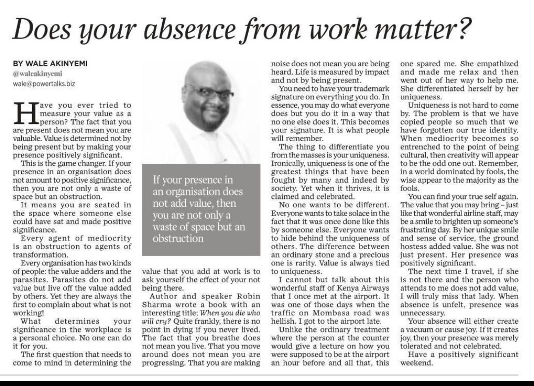 John Omo (@j_omo77) on Twitter photo "Value is determined not by being present but by making your presence positively significant .... Every agent of mediocrity is an obstruction to agents of transformation" @waleakinyemi is an amazing transformational writer&speaker! You can't have enough of him <a href="/domondi/">Dick Omondi</a> <a href="/nmageka/">Nixon Mageka</a> "Value is determined not by being present but by making your presence positively significant .... Every agent of mediocrity is an obstruction to agents of transformation" @waleakinyemi is an amazing transformational writer&speaker! You can't have enough of him <a href="/domondi/">Dick Omondi</a> <a href="/nmageka/">Nixon Mageka</a>