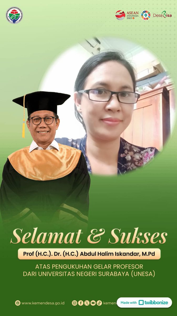 Selamat atas Pengukuhan Gelar Profesor kepada Menteri Desa PDTT oleh Universitas Negeri Surabaya
<a href="/jokowi/">Joko Widodo</a>
<a href="/halimiskandarnu/">ABDUL HALIM ISKANDAR</a>
@Kemendespdtt
<a href="/malik_haramain/">malikharamain</a>
<a href="/imansyukri/">Iman Sukri</a>
<a href="/taufikmadjid71/">IG : taufik.madjid</a>
@yusradaridesa
<a href="/azzameldzikrie/">#SantriIndonesia</a>
<a href="/tppkemendes/">TPP KEMENDES</a>
<a href="/EfendiMashor/">Mashor Efendi</a>
<a href="/IDewaMadeDarma4/">I Dewa Made Darma Setiawan</a>
<a href="/sihabrm/">Sihabudin Ahmad 5101</a>
@AdiParmadi